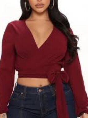 Fashion Nova Little White Lies Burgundy Top V-Neck Adjustable Wrap Waist Size XL